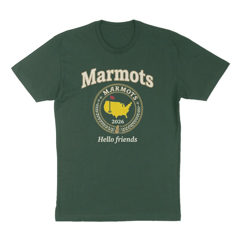 Custom t-shirt: "Marmots 2026 Hello friends", Front print, forest-green shirt