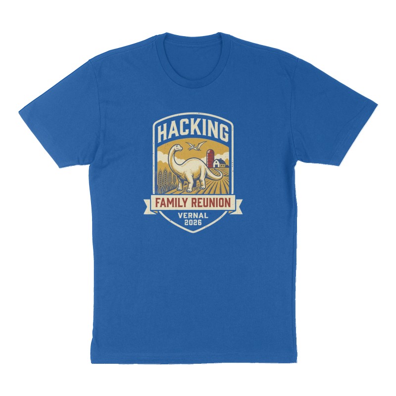 Custom t-shirt: "Hacking Family Reunion", royal-blue shirt