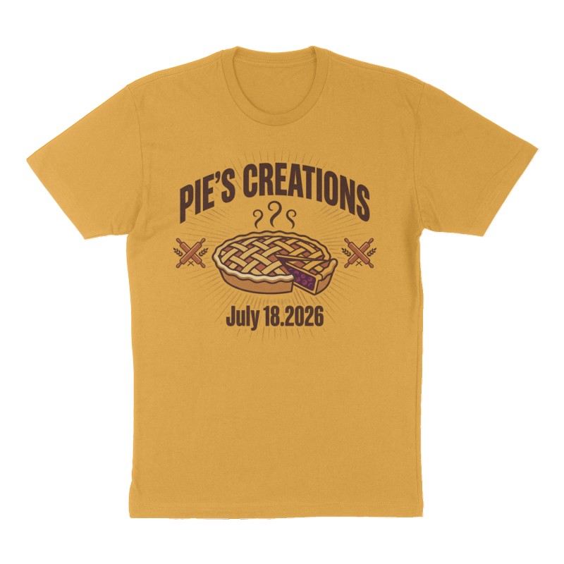 Custom t-shirt: "Pie’s Creations", mustard-yellow shirt