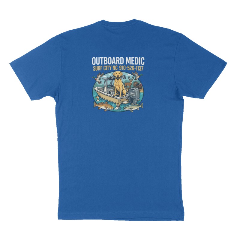 Custom t-shirt: "OUTBOARD MEDIC ", Back print, royal-blue shirt