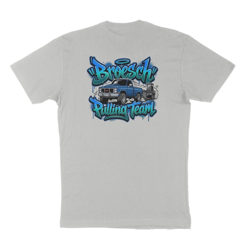 Custom t-shirt: "Broesch Pulling Team", Back print, heather-gray shirt