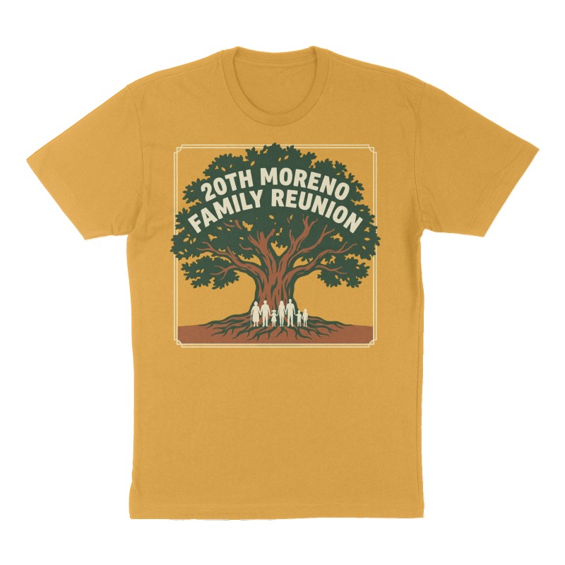 Custom t-shirt: "20th Moreno family Reunion", mustard-yellow shirt