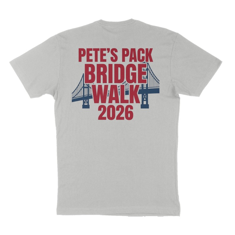 Custom t-shirt: "Pete’s pack bridge walk 2026 ", Back print, heather-gray shirt
