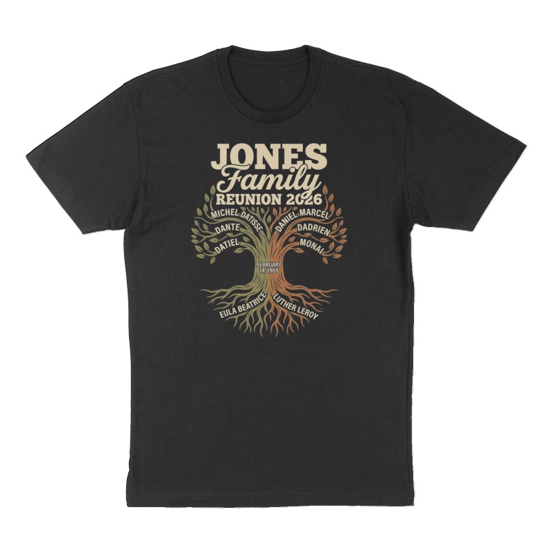 Custom t-shirt: "Jones Family Reunion 2026", Front print, black shirt