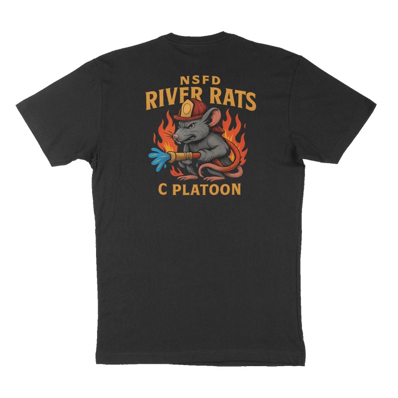Custom t-shirt: "NSFD river rats", Back print, black shirt