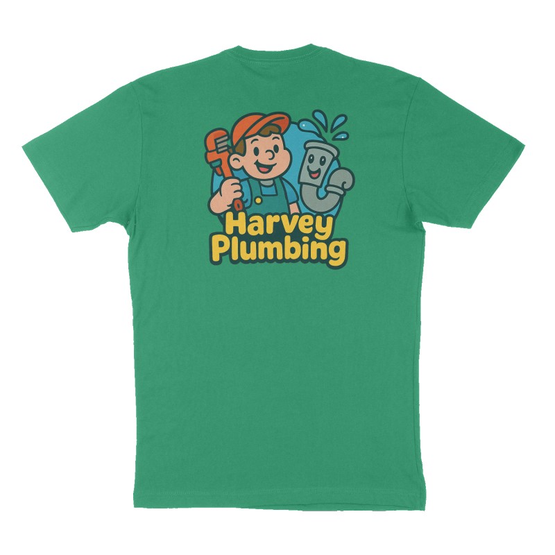 Custom t-shirt: "Harvey Plumbing", Back print, green shirt
