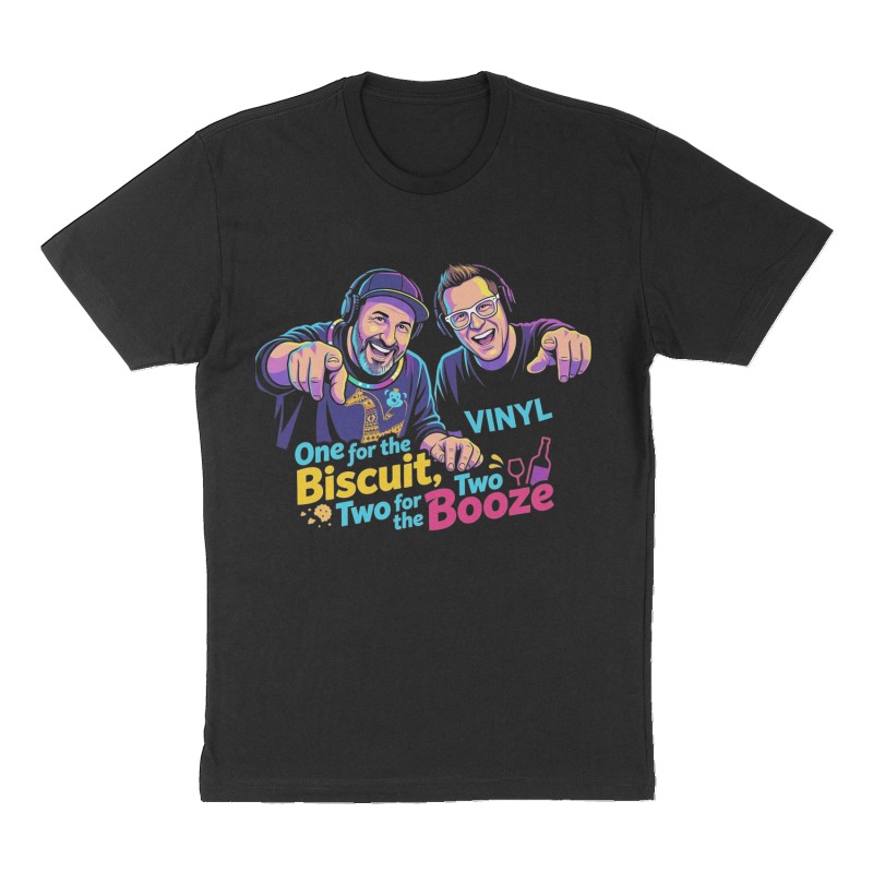 Custom t-shirt: "One for the Biscuit, Two for the Booze", Front print, black shirt