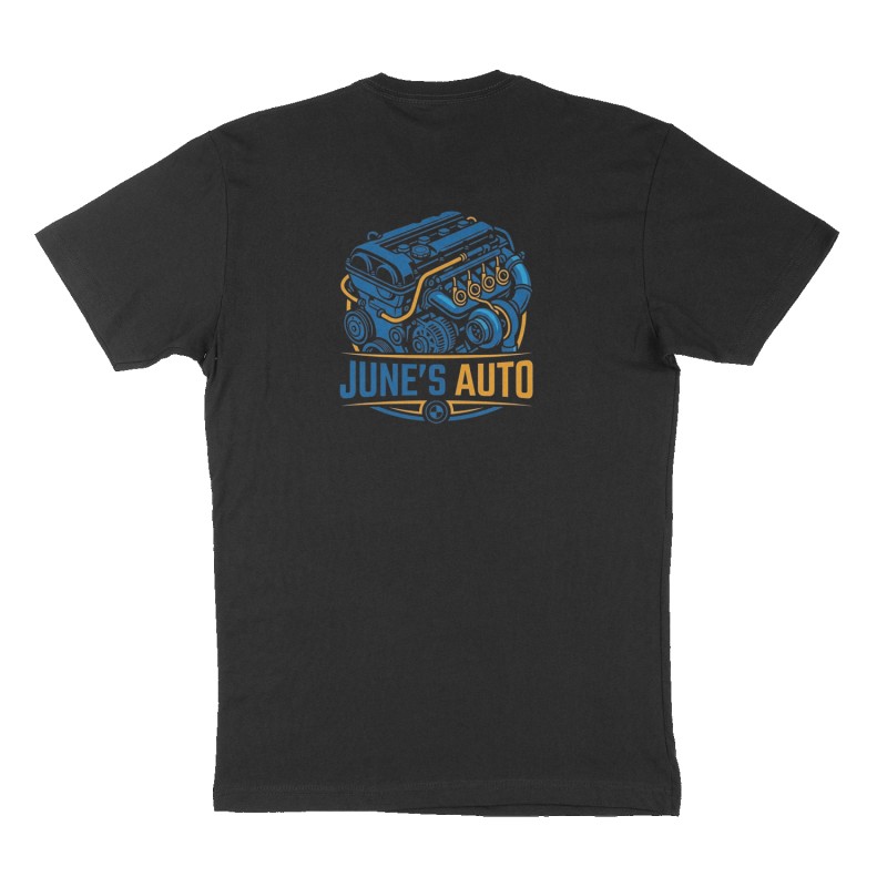 Custom t-shirt: "June’s Auto", Back print, black shirt