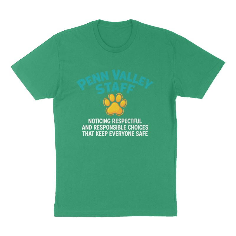 Custom t-shirt: "Penn Valley Staff", Front print, green shirt