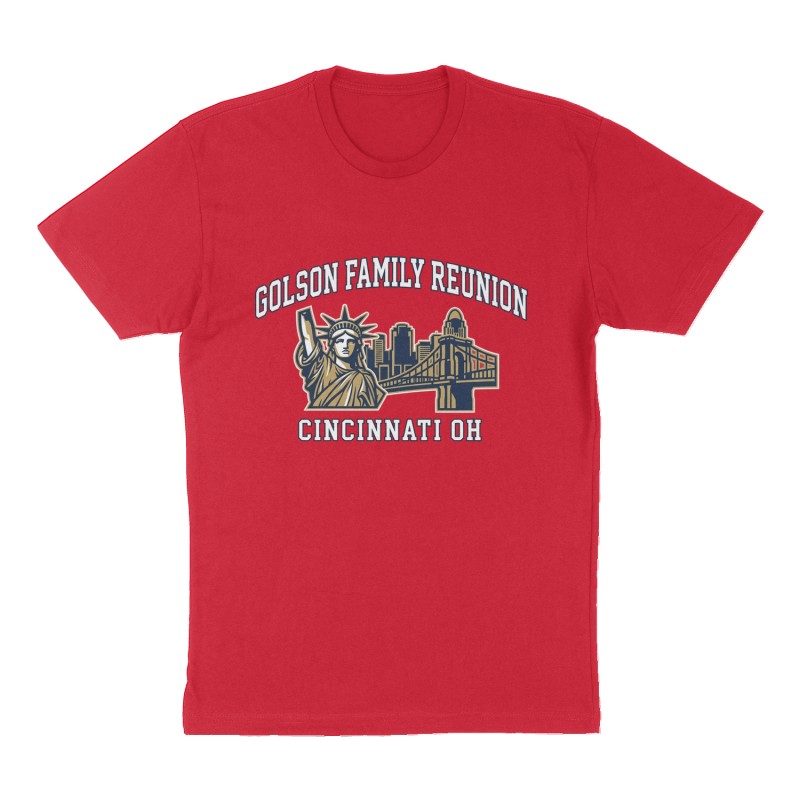Custom t-shirt: "Golson Family Reunion Cincinnati OH", Front print, red shirt