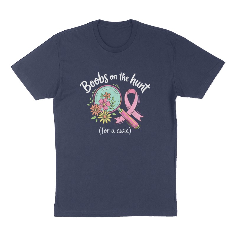 Custom t-shirt: "Boobs on the hunt (for a cure)", Front print, navy shirt