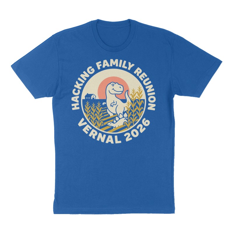 Custom t-shirt: "Hacking Family Reunion", royal-blue shirt