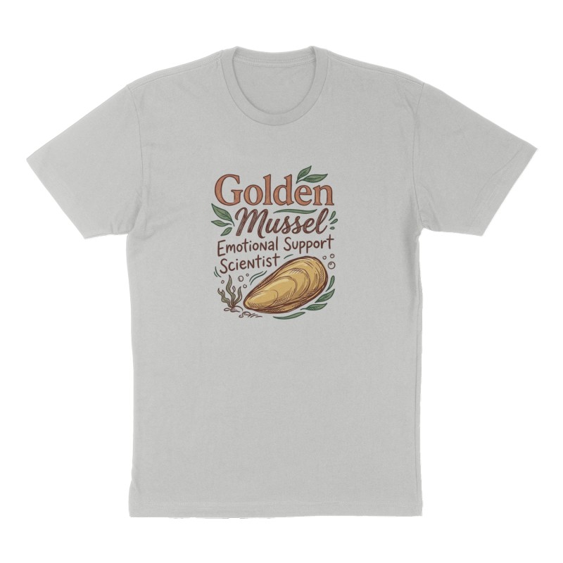 Custom t-shirt: "Golden Mussel Emotional Support Scientist", Front print, heather-gray shirt