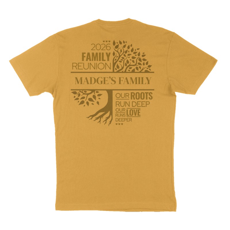 Custom t-shirt design, Back print, mustard-yellow shirt