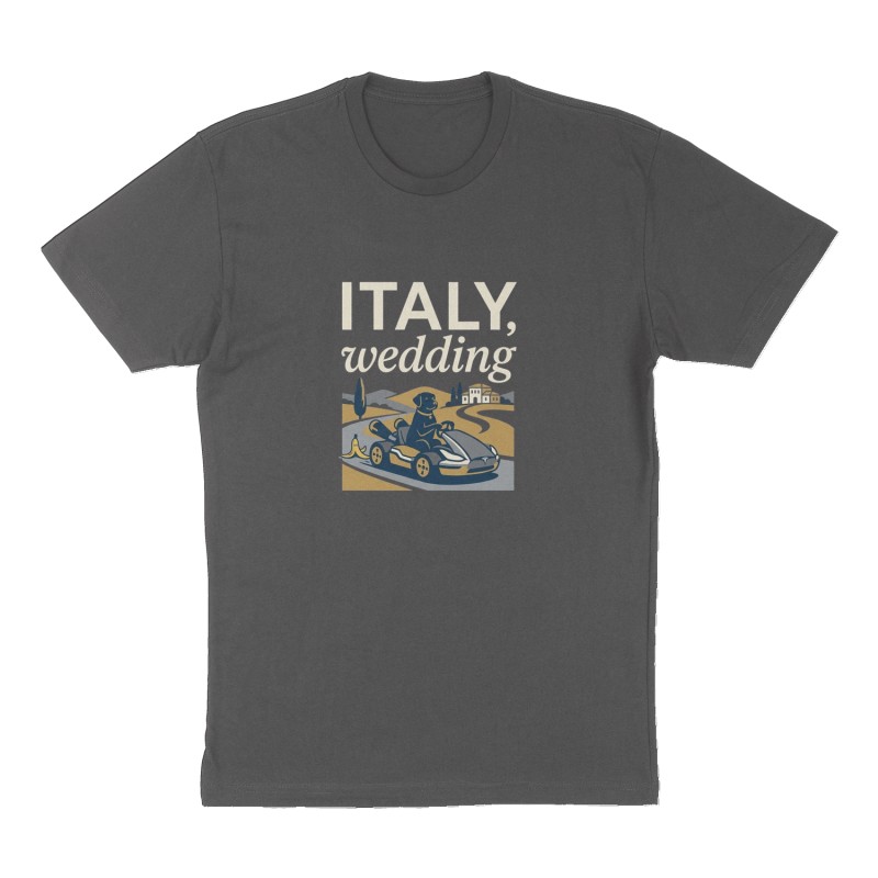 Custom t-shirt: "italy, wedding", Front print, charcoal shirt