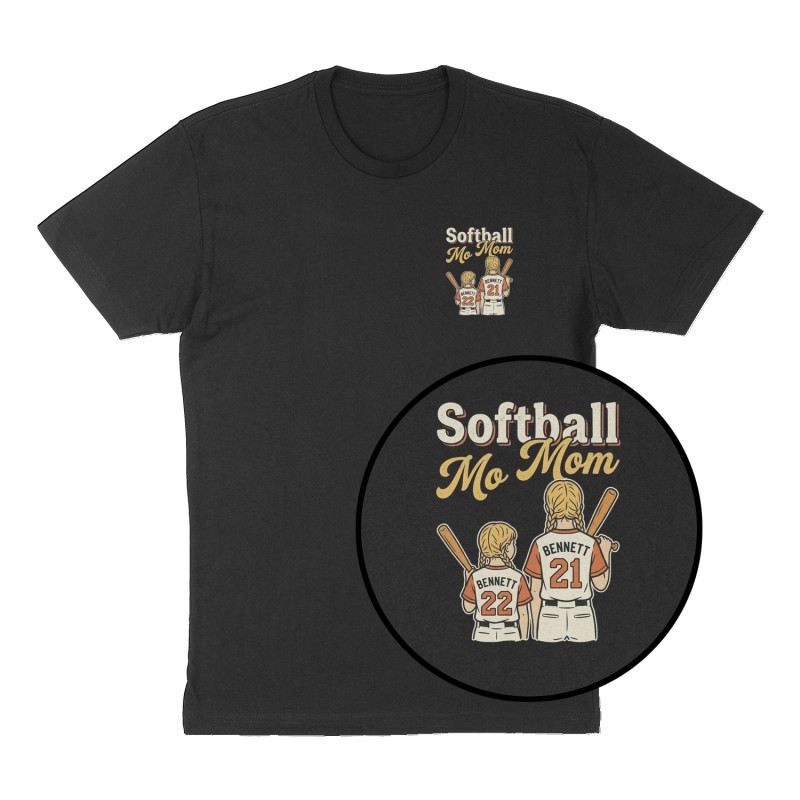 Custom t-shirt: "Softball Mom", Left Chest print, black shirt