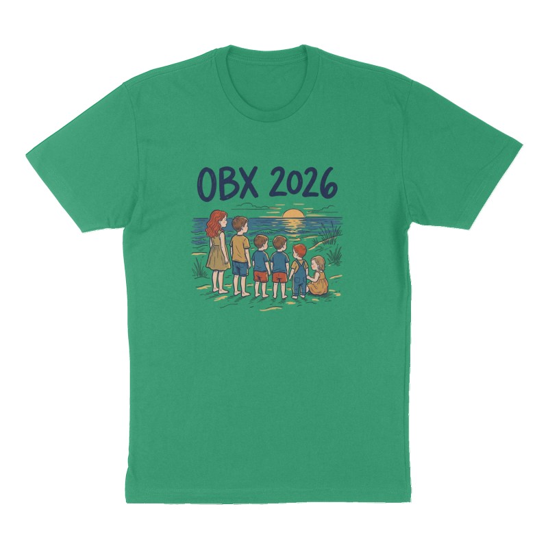 Custom t-shirt: "OBX 2026", Front print, green shirt