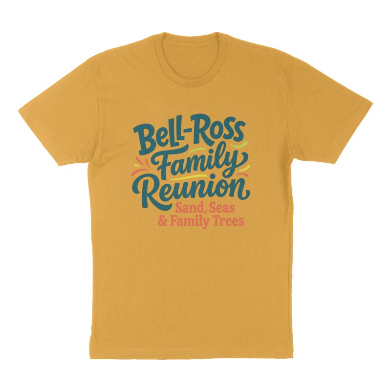 Custom t-shirt: "Bell-Ross Family Reunion", Front print, mustard-yellow shirt