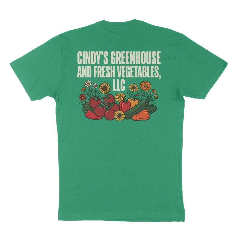 Custom t-shirt: "Cindy’s Greenhouse and Fresh Vegetables, LLC", Back print, green shirt