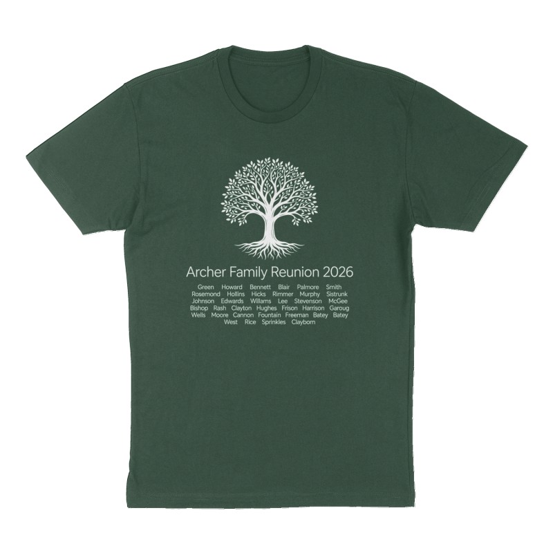 Custom t-shirt: "Archer Family Reunion 2026", Front print, forest-green shirt