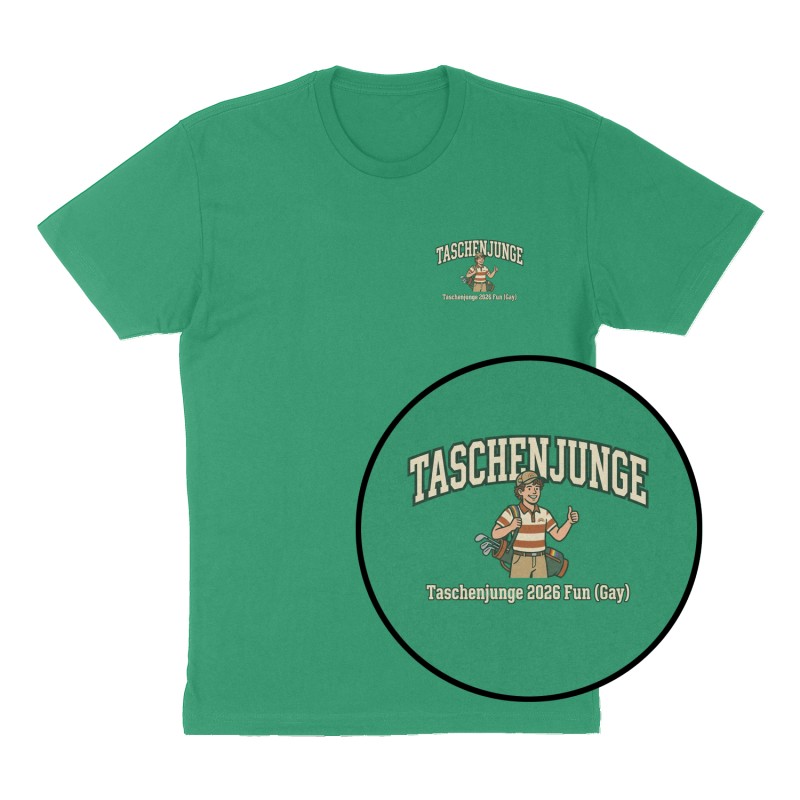 Custom t-shirt: "Taschenjunge", Left Chest print, green shirt