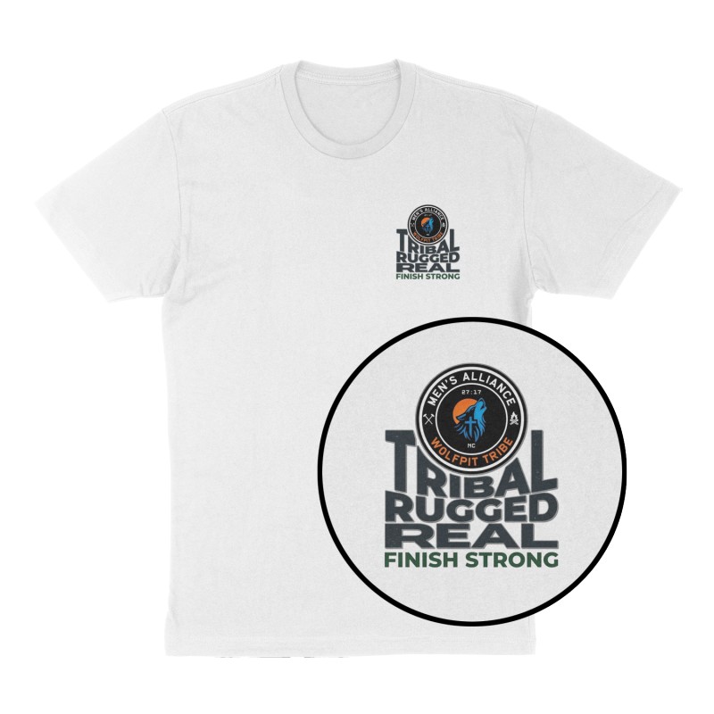 Custom t-shirt: "TRIBAL RUGGED REAL", Left Chest print, white shirt