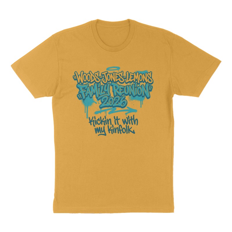 Custom t-shirt: "WOODS-JONES-LEMONS FAMILY REUNION 2026", Front print, mustard-yellow shirt