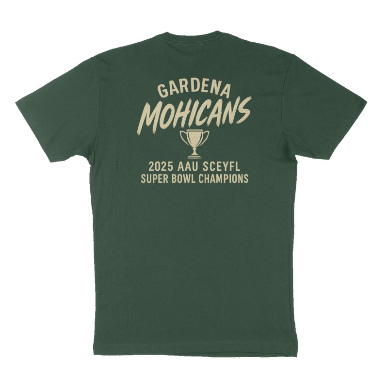 Custom t-shirt: "Gardena Mohicans", Back print, forest-green shirt