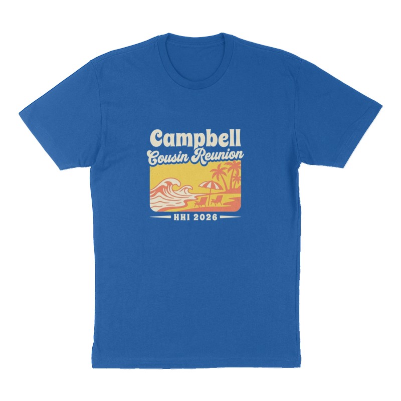Custom t-shirt: "Campbell Cousin Reunion", Front print, royal-blue shirt
