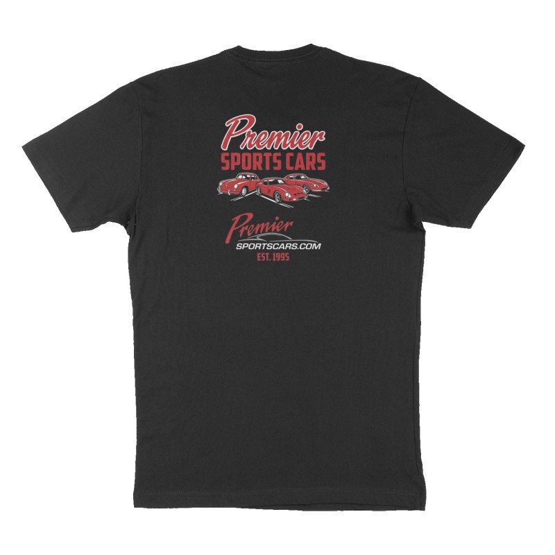 Custom t-shirt: "Premier Sports Cars", Back print, black shirt