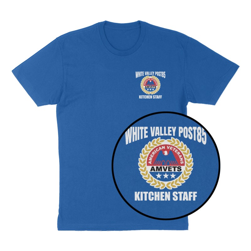Custom t-shirt: "WHITE VALLEY POST85", Left Chest print, royal-blue shirt