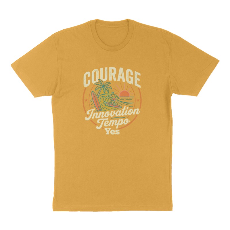 Custom t-shirt: "Courage Innovation Tempo Yes", Front print, mustard-yellow shirt