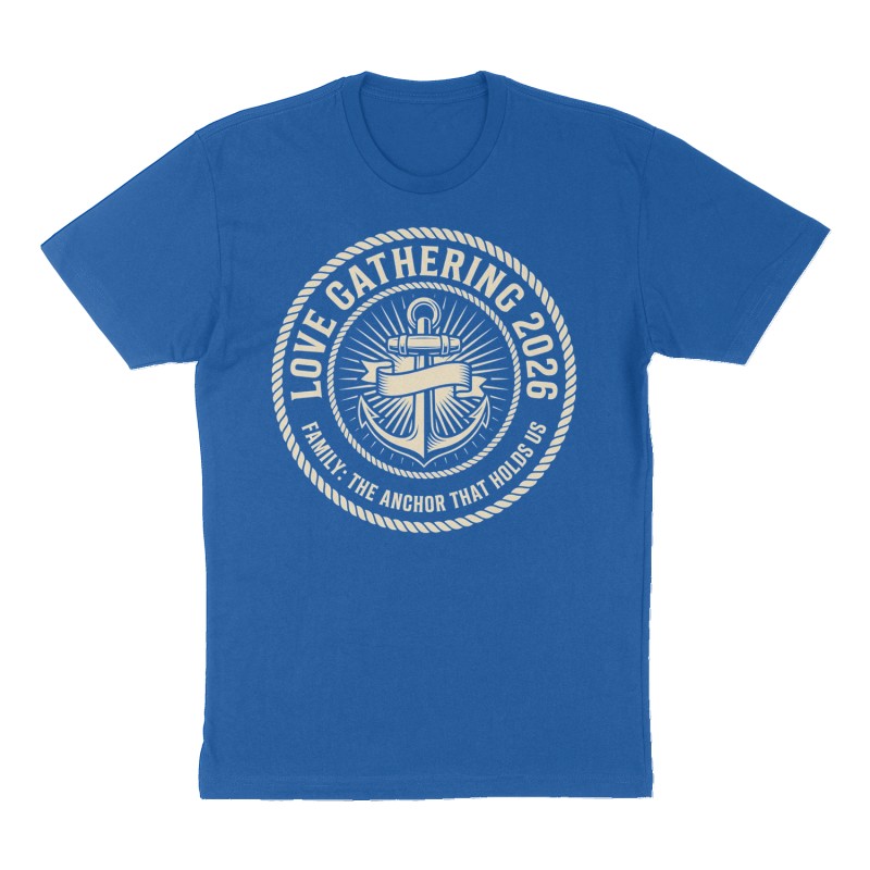 Custom t-shirt: "Love Gathering 2026", royal-blue shirt