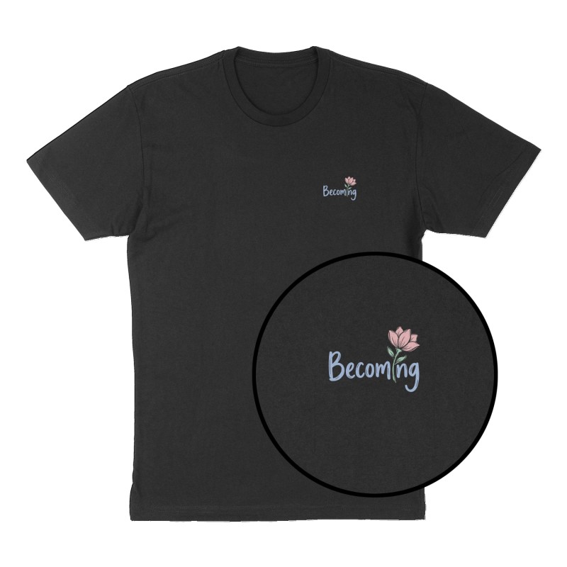 Custom t-shirt: "Becoming", Left Chest print, black shirt