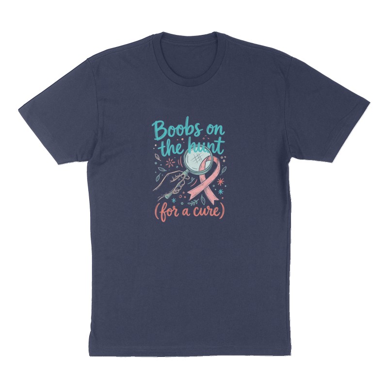 Custom t-shirt: "Boobs on the hunt (for a cure)", Front print, navy shirt