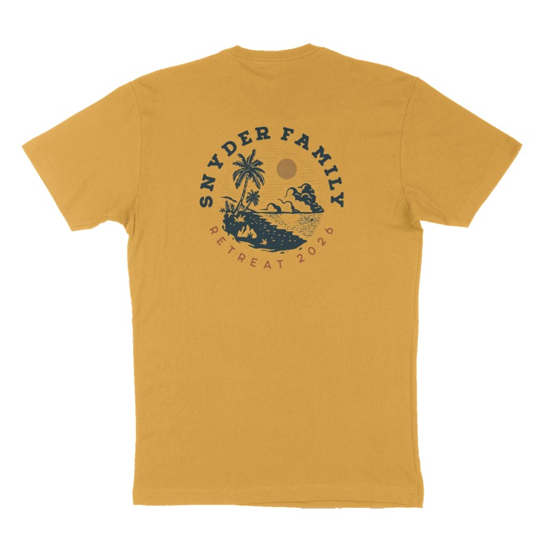 Custom t-shirt design, Back print, mustard-yellow shirt