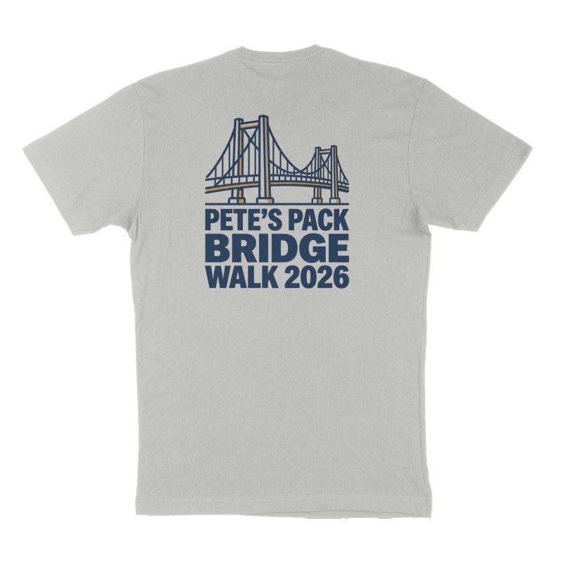 Custom t-shirt: "Pete’s pack bridge walk 2026 ", Back print, heather-gray shirt