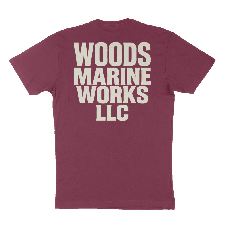 Custom t-shirt: "Woods Marine Works LLC", Back print, maroon shirt