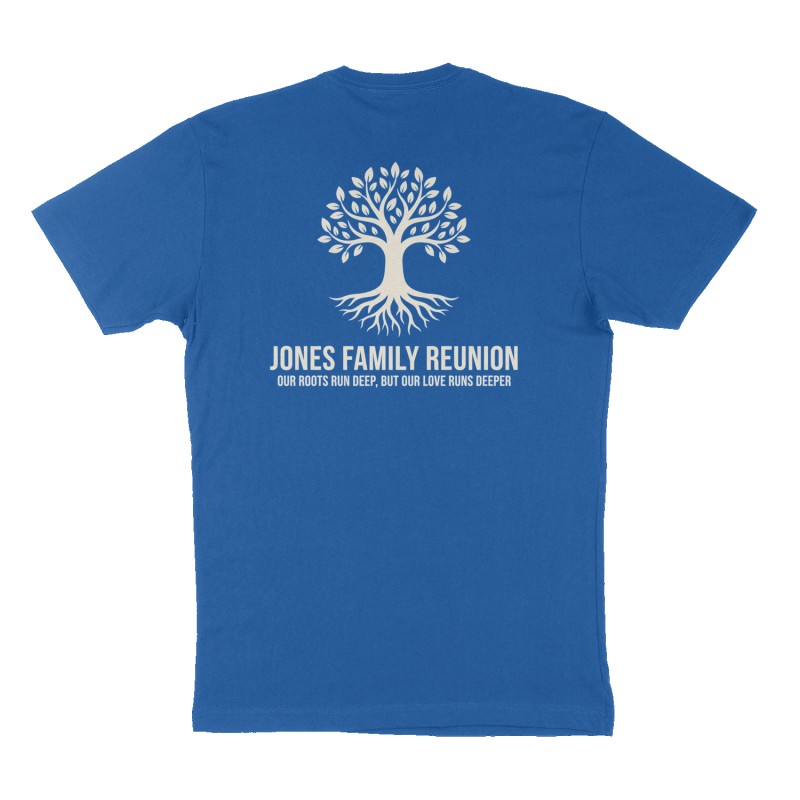 Custom t-shirt: "Jones Family reunion ", Back print, royal-blue shirt