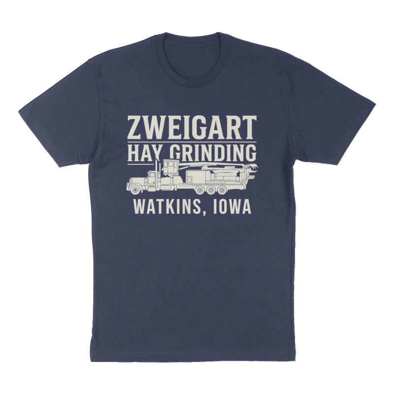 Custom t-shirt: "Zweigart Hay Grinding", Front print, navy shirt