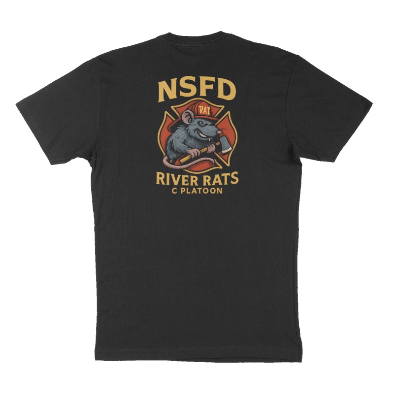 Custom t-shirt: "NSFD river rats", Back print, black shirt
