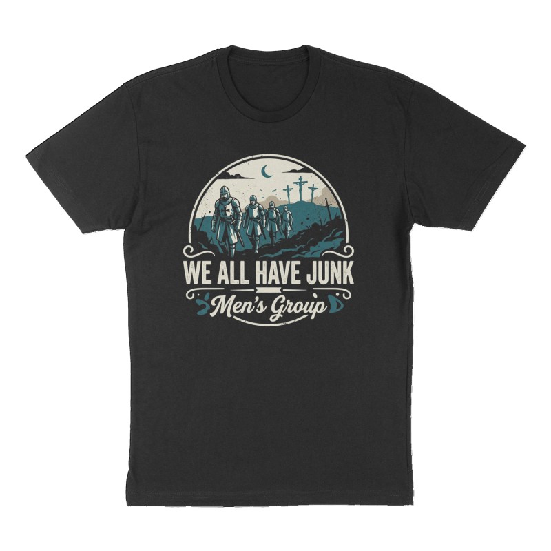 Custom t-shirt: "We All Have Junk Men’s Group", Front print, black shirt