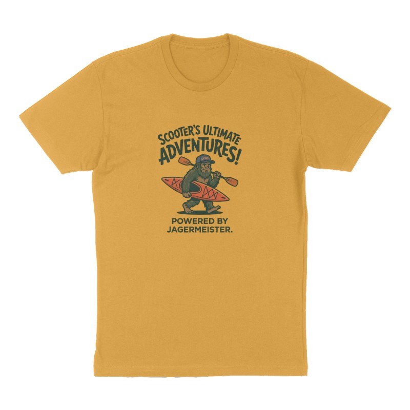 Custom t-shirt: "Scooter’s Ultimate Adventures! Powered by Jagermeister.", Front print, mustard-yellow shirt