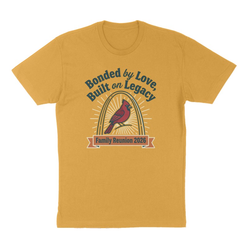 Custom t-shirt: "Bonded by Love, Built on Legacy", Front print, mustard-yellow shirt