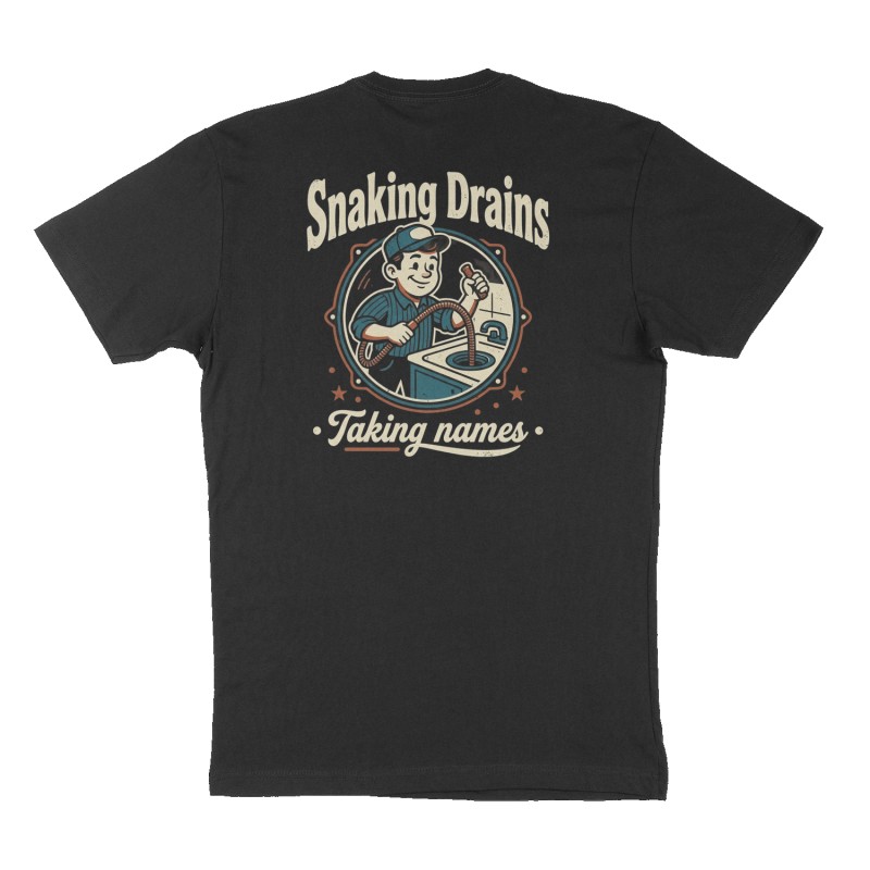 Custom t-shirt: "Snaking Drains", Back print, black shirt