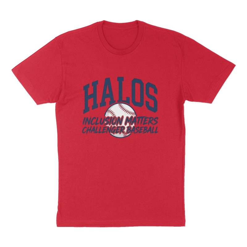 Custom t-shirt: "HALOS", Front print, red shirt