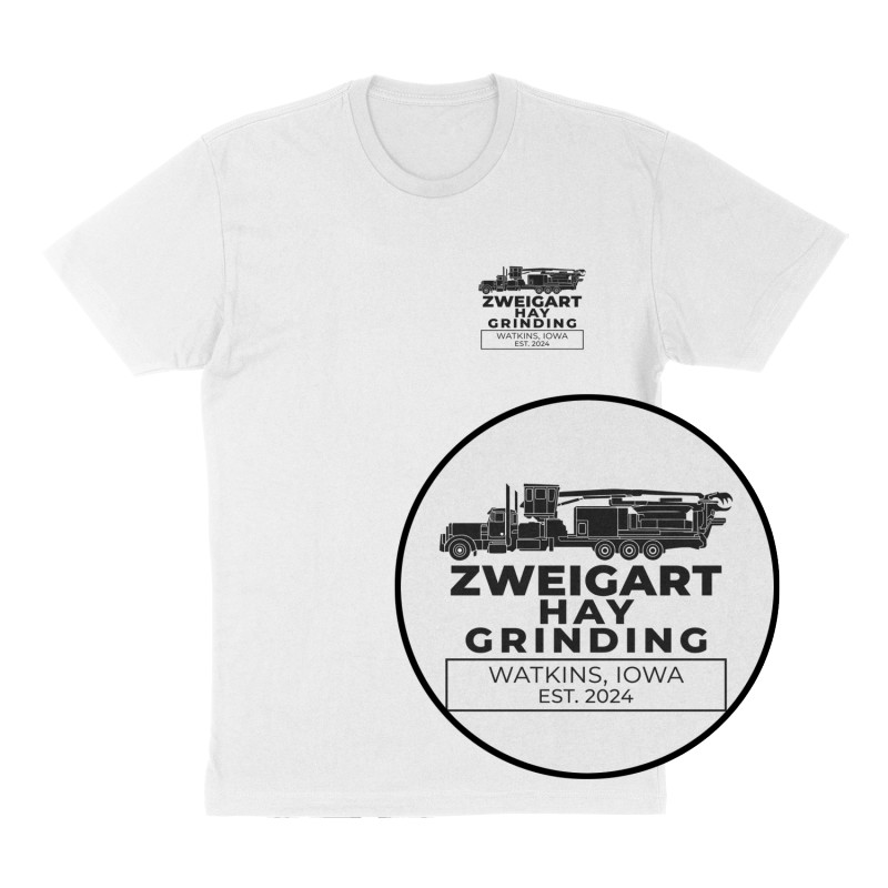 Custom t-shirt: "Zweigart Hay Grinding", Left Chest print, white shirt