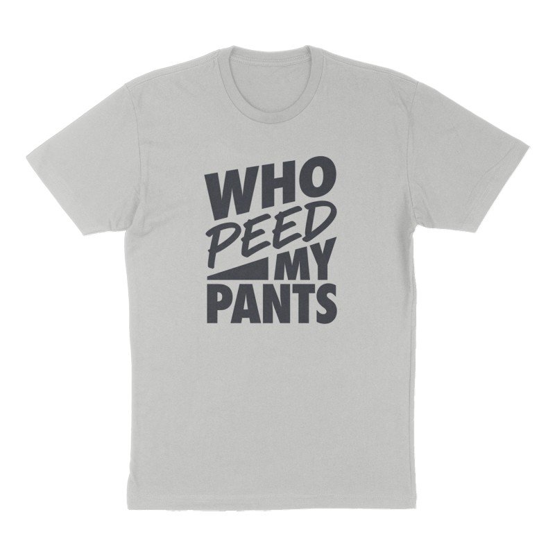 Custom t-shirt: "Who peed my pants", Front print, heather-gray shirt