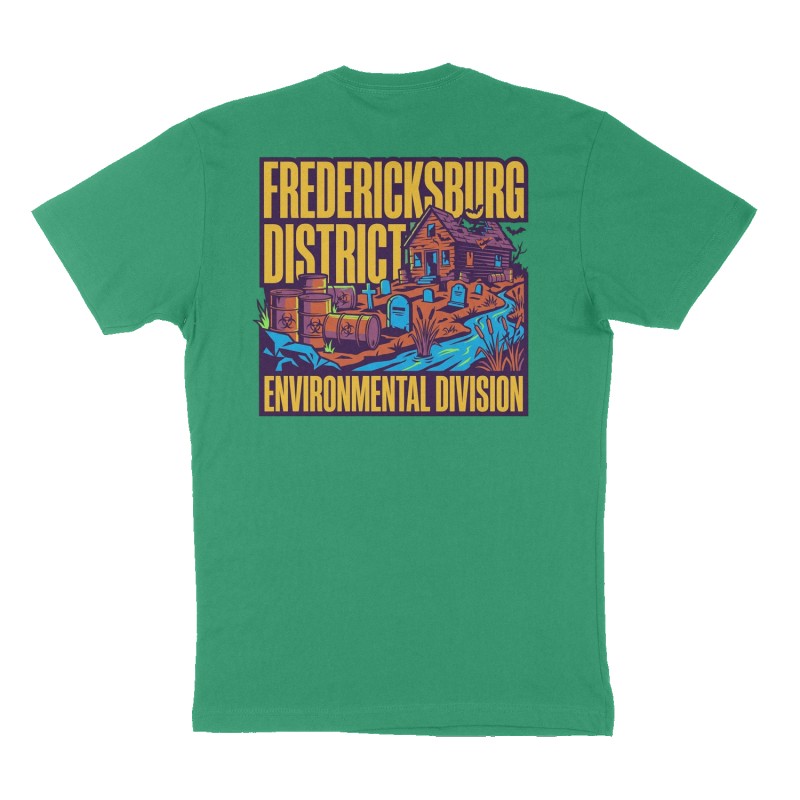 Custom t-shirt: "Fredericksburg District", Back print, green shirt