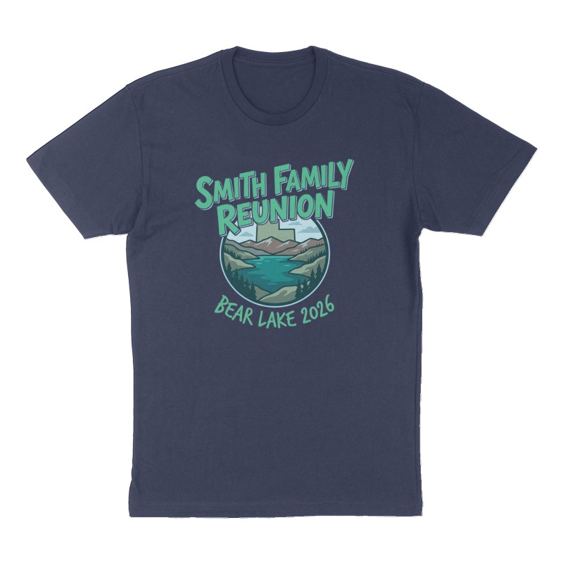 Custom t-shirt: "Smith family reunion", Front print, navy shirt